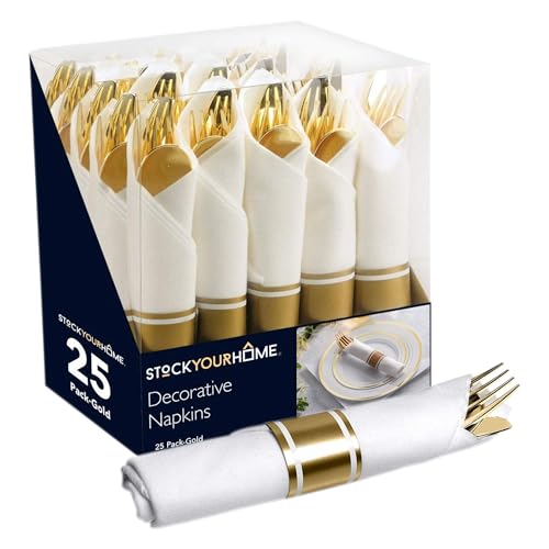 Pre Rolled Plastic Silverware Sets for Parties (25 Pack) Gold Cutlery Set, Disposable Spoons, Forks, Knives, Napkins Prewrapped, Heavy Duty Utensils Individually Wrapped for Wedding, Thanksgiving