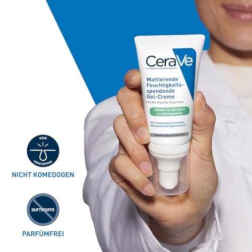 CeraVe Mattierende Feuchtigkeitsspendende Gel-Creme, Bei fettiger und öliger Haut, Mit Hyaluronsäure, Ceramiden und Niacinamid, Langanhaltend feuchtigkeitsspendend, 52 ml