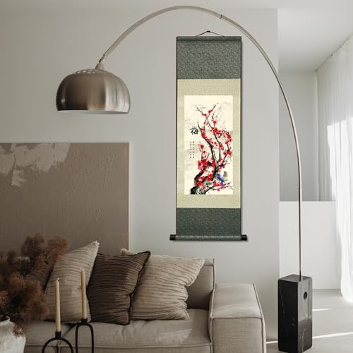 Arte de pared asiático para sala de estar con elegante diseño de pergamino de seda vertical 6