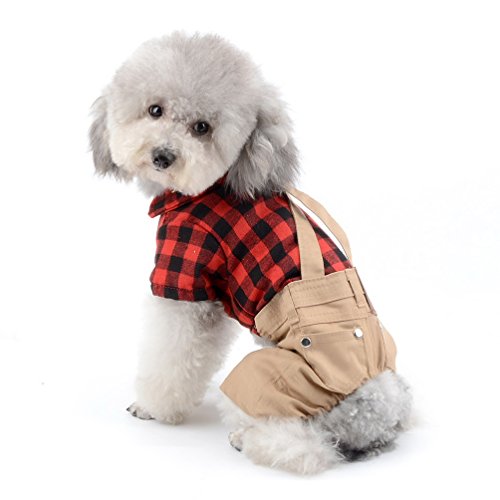 Selmai Dog Overall Pet Clothes For Small Dog Red Plaid Button Down With Khaki Bib Pants Outfits Soft Breathable Rompers Jumpsuit For Puppy Boys Cat Apparel For Walking Outdoor Spring Autumn Size L #TOP1