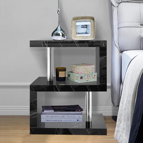 High Gloss Coffee Table Side Table with LED RGB Lights Coffee Table for Living Room 2 Tier Storage Shelves S Shape Rectangle Table with Home Office Furniture 44L x 38W x 57H cm