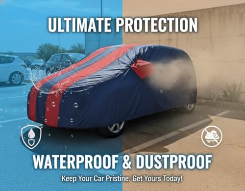Image of Waterproof CAR Cover for Nissan MICRA | Mirror Pockets & Elasticized Hem | HIGH Material Quality Nissan MICRA CAR Cover (REDSTRIP)