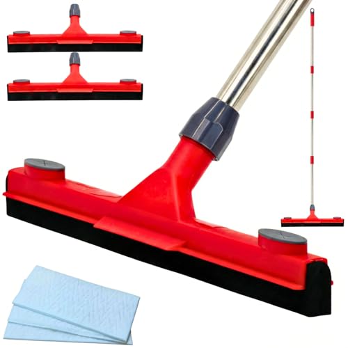 Floor Squeegee with 2 Replaceable Heads 17 EVA Foam Blade for Uneven Surfaces 62 Long Handle Built-in Towel Clip Non-Scratch Heavy Duty Squeegee Broom for Garage Window Tile Patio & Shower