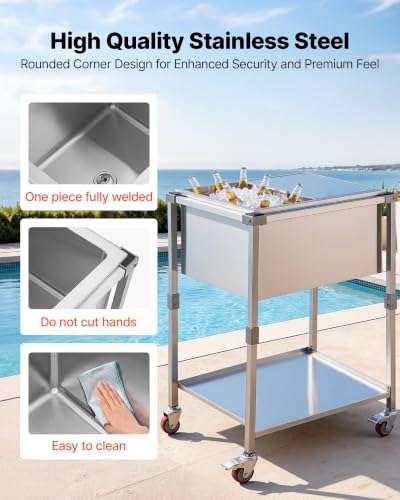 Image of VEVOR Commercial Ice Bin, Underbar Ice Bin, Stainless Steel Ice Chest with Sliding Lid, Bottle Holders, Adjustable Bullet Feet, Cooler Cart Cocktail Unit for Bar Restaurant Pub