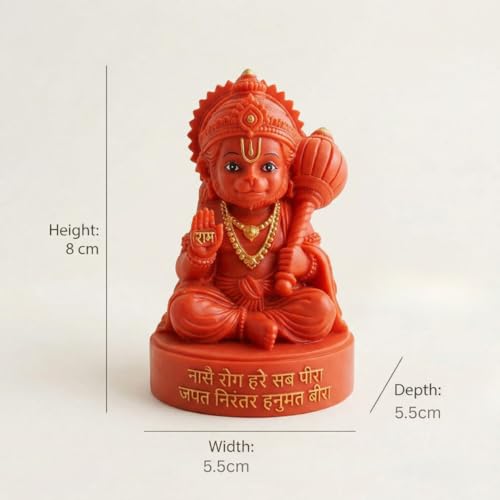 Image of Baal Hanuman Idol Red Murti Sitting Pose with Gada | 8cm Height | 3D Printed | Hanuman Chalisa Doha Inscribed Base | Home Temple | Car Dashboard Decor | Devotional Figurine