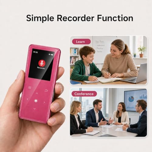 Image of 64GB MP3 Player with Bluetooth 5.2, Music Player with Built-in HD Speaker, FM Radio, Voice Recorder, HiFi Sound, E-Book Function, Rose Red