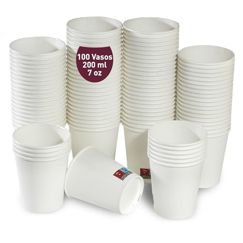 gobecups 100 Vasos de Cafe Desechables 200 ml / 7 oz de Papel Cartón Blanco, Vasos de cartón Ideales para Bebidas Calientes y Frías