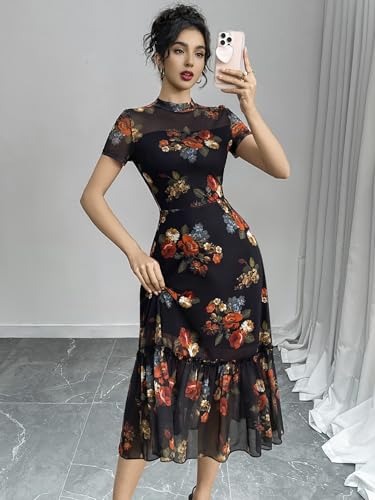 Image of GothDark Women's Summer Floral Mesh Ruffle Dress Short Sleeve Round Neck Waist Cinched Casual Maxi Wedding Guest Dresses