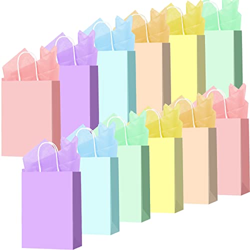 Larcenciel 12 Pcs Gift Bags With Tissue Paper, 6 Colors Paper With Handles, Rainbow Party Favor Candy Treat Goodie for Party, Gift Wraps, Birthday, Wedding, Baby Shower (Small)