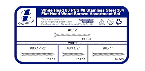 Image of QISHENG 80 PCS White Head #8 Stainless Steel Phillips Flat Head Wood Screws Assortment Set,Stainless Steel 18-8 A2(304) Screw,Home Screw Kit