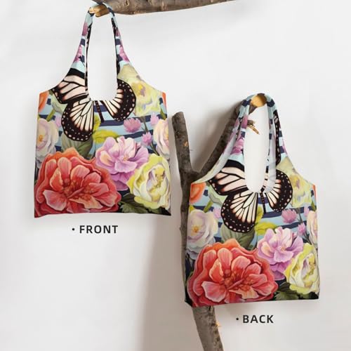 (Striped Flower Butterfly) Large Tote Shoulder Bag Fashion Canvas Handbag Reusable Shopping Bag Travel Bag For Women3