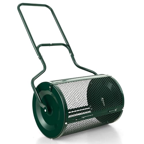 RELAX4LIFE Rasenstreuer 60x41cm, Gartenstreuer 75L, Torfmoosstreuer mit U-Griff Metallnetzkorb, Kompoststreuer für Kompost Torfmoos Oberboden, Samenstreuer für Garten Rasen (75L-68x41x123 cm,Grün)