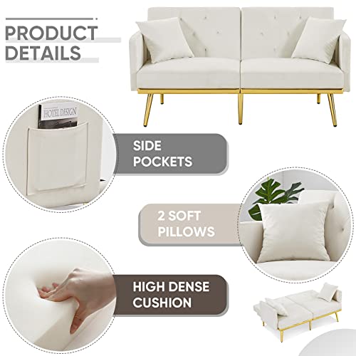 Antetek Convertible Futon Sofa Bed, 59-Inch Modern Velvet Sleeper Sofa Small Loveseat With Two Pillows, 3 Adjustable Positions And 6 Golden Metal Legs Furniture For Living Room And Bedroom, White #TOP3