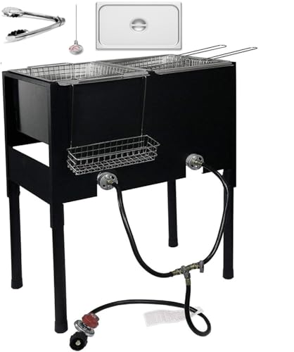 Triple Propane Deep Fryer-3 Basket Stainless Steel Cooker-Outdoor Fish Fry/Chicken-Tall Heavy Duty-Fryer Cart