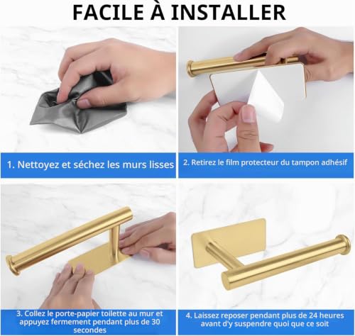 YUET Porte Papier Toilette, Support Papier Toilette Mural, 304 Acier Inoxydable Porte Rouleau Toilette, sans perçage Porte-Papier hygiénique Autocollant (Doré) – vue 7