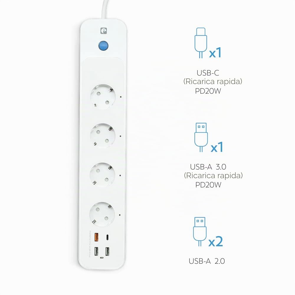 Garza Smart - Ciabatta elettrica WiFi intelligente con interruttore, 4 prese, 2 USB tipo A, USB C e USB 3.0 carica rapida PD20W/QC3.0, WiFi 2.4GHz, programmabile, controllo app e voce