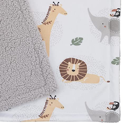 Nojo Jungle Trails Grey, Gold, Green, And White Super Soft Animal Print Sherpa Backed Baby Blanket #TOP2