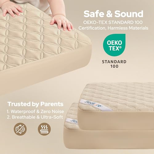 Image of BEDLORE Crib Mattress Protector 2-Pack, Waterproof Beige 52 inchx28 inch