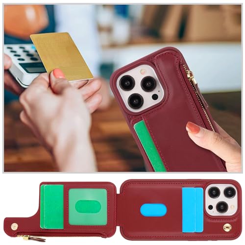 Image of Cavor for iPhone 13 Pro Case with Card Holder,for iPhone 13 Pro Wallet Case for Women Men,Leather Magnetic Clasp Zipper Pocket Protective Phone Cover-Wine red