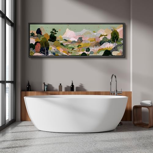 Image of MUDECOR Large Framed Canvas Print Wall Art Colorful Abstract Landscape with Trees Contemporary Antique Retro Ready to Hang Painting for Living Room Bedroom Multi-Sizes - 60 inchx20 inch
