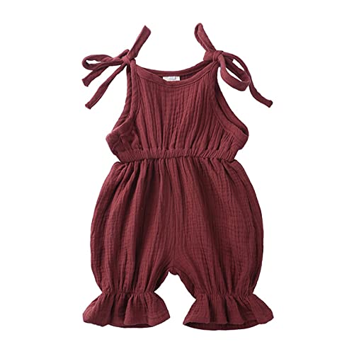 Image of GAJKAHF Baby Infant Solid Color Suspenders Onesie Casual Sleeveless Bodysuit Adjustable Lace Up Romper Jumpsuit for Summer (Red, 18-24 Months)