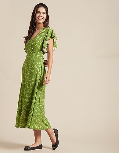 Image of Moomaya Women's Printed Dress, V-Neck, Short Sleeves, Ruffled Midi Summer Dress
