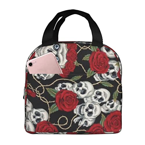 Debou Cool Skull Head And Roses Insulated Lunch Bag Cooler Tote Reusable Leakproof Lunch Box Easy Clean For Work Office Picnic Beach Or Travel #TOP16