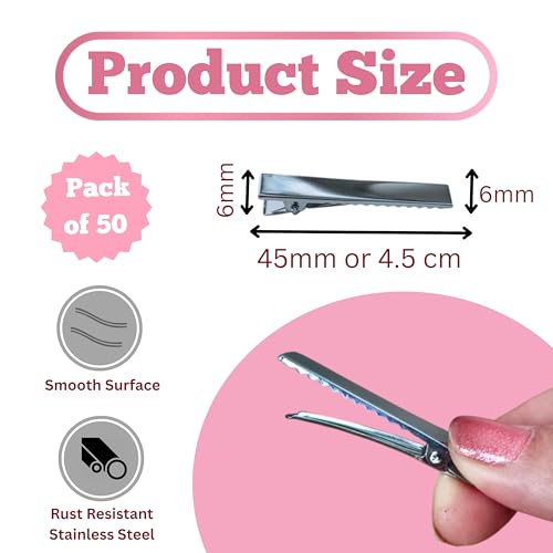 Image of ROSAURA (4.5 CM 50 Pcs) Alloy Steel Single Prong Alligator Hair Clips Base for DIY Hair Accessories, Barrette Hair Clips for Bow Making, Salon, and Hair Styling (Silver Flat)