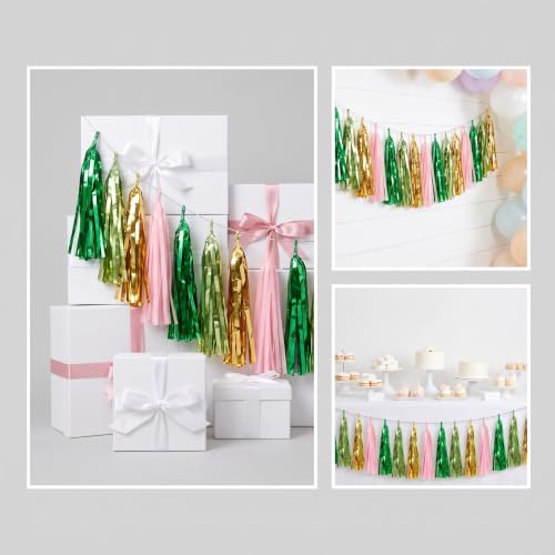 Image of 4P Pink-Gold Sage-Green Party-Decorations Foil Fringe Metallic Tassel Streamers Banner Tassel Garland for Parade Floats, Birthday, Bachelorette, Wedding, Halloween, Christmas