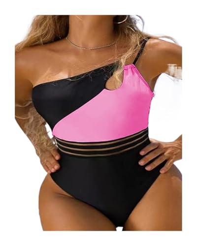 Traje de baño de una Pieza Bikini con un Hombro Descubierto for Mujer, Traje de baño Panel Tela retales, for, Deportivo for Surfear, Ropa Playa(S16Light Pink,S)