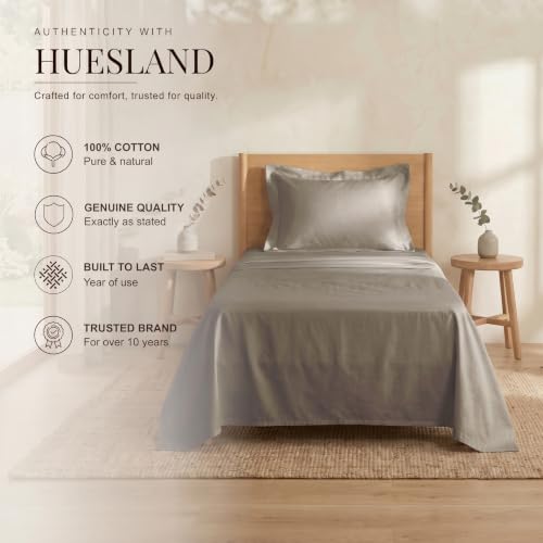 Image of Huesland Luxury 300 TC Pure Cotton Sateen Weave Single Bedsheet Set - Soft, Durable & Stylish | Vintage Khaki | 88 x 55 inches