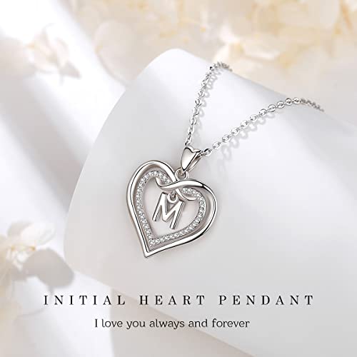 Vito 925 Sterling Silver Initial Necklace for Women, Cubic Zirconia Double Heart Letter Pendant, 18"2