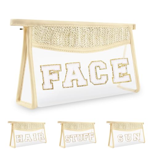Clear Patch Makeup Letter Bag, Boho Preppy Chenille Letter Cosmetic Bag, Waterproof Zipper Make up Bags Toiletry Pouch for Women Girls, Clear Transparent Organizer Pouch for Travel(Face, Beige)