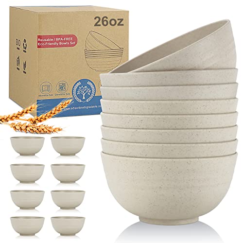 Wrova Wheat Straw Bowl Sets,8 PCS Unbreakable Cereal Bowls 26 OZ,Microwave and Dishwasher Safe Bowls, Kitchen Bowl suitable for cereal,salad,snack and soup (Beige)