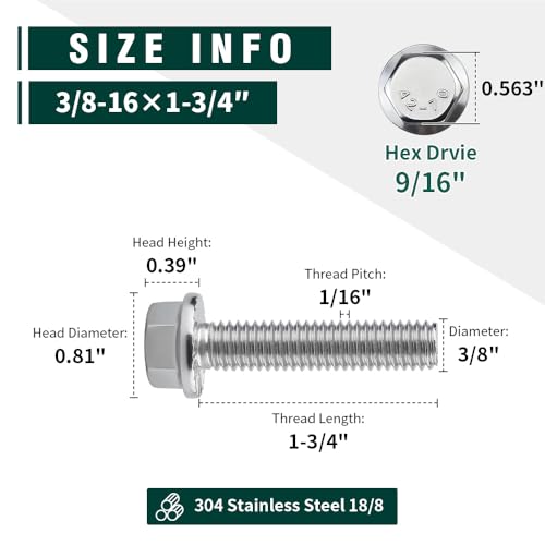 Image of 3 /8-16 x 1-3 /4 inch Flanged Hex Head Bolts Screws, 304 Stainless Steel 18-8, Full Thread, Coarse Thread, 8 PCS