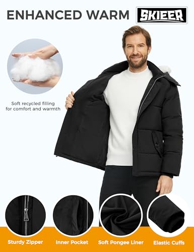 Skieer Men's Hooded Puffer Jacket Outdoor Waterproof Winter Coat Warm Parka with Detachable Hood4