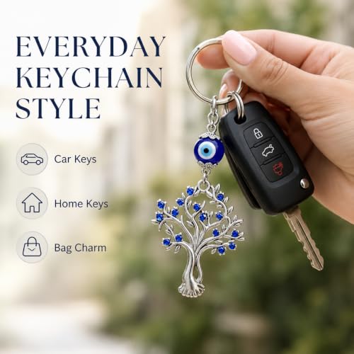 Image of Tree Shape Pendant with Blue Evil Eye Keychain Crystal alloy Keyring for Diwali Gift item for Men and Women