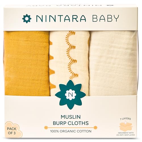 Image of NINTARABABY Burp Cloths - 100% Organic Muslin Cotton, Pack of 3
