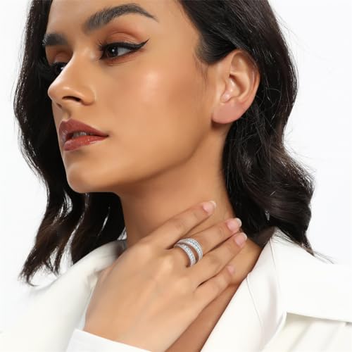 MDFUN Halo Eternity Rings Wedding Bands, 3 Rows Round Cut Cubic Zirconia Statement Rings, 18K White Gold/Yellow Gold Plated Wedding Band for Women Size 5-102