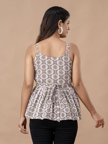 Image of feranoid Women Cotton Printed Sleeveless Strap Peplum Top