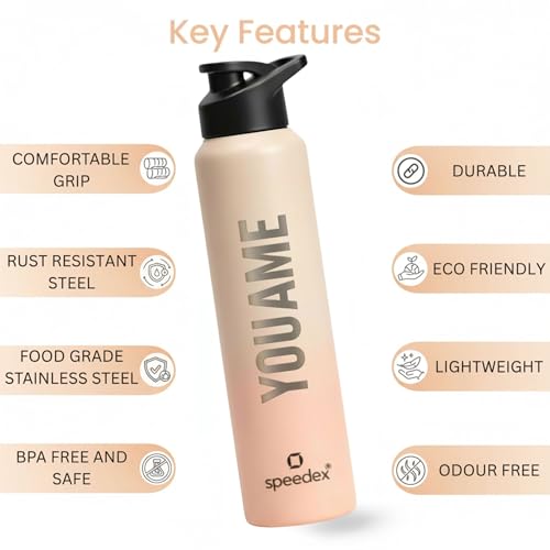 Image of Speedex Engraved Name Stainless Steel Sipper Water Bottle 1 Ltr - Customised Personalised Bottle for Kids & Adults, School, Gym, Sports, Black, Set of 1 (Peach Orange, Set Of 1)