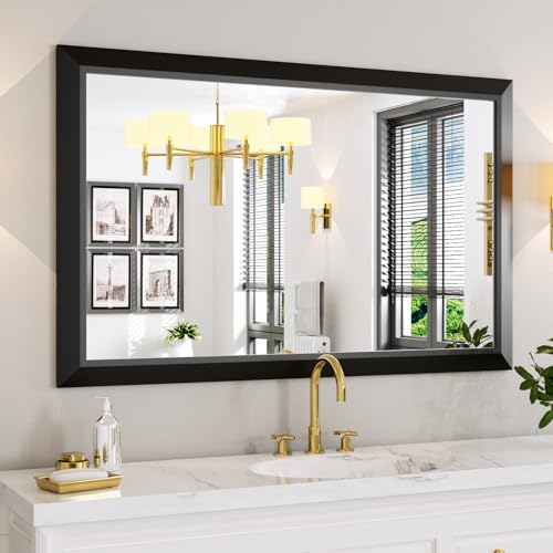 Amorho Black Bathroom Mirror, 48x30 Inch Thick Metal Framed Wall Mirrors for Over 2 Sinks, Bedroom, Living Room, Entryway, Large Rectangle Wall-Mounted Mirrors.
