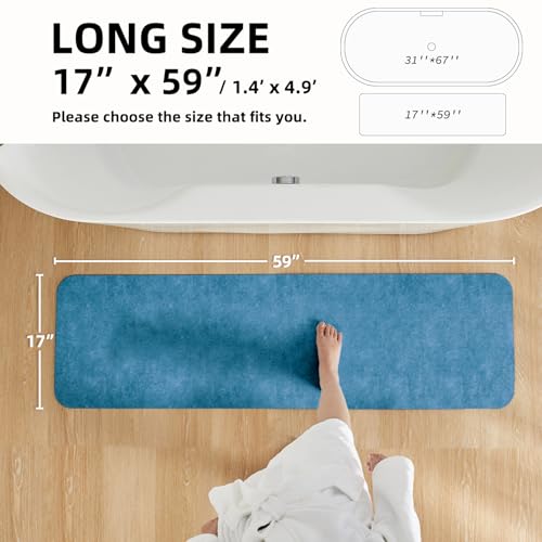 Bathroom Mat Quick Dry, Bathroom Rugs Non Slip Washable Thin Absorbent Bath Mat Fits Under Door Bathroom Floor Mat Perfect for Bath, Shower, or Sink 17"x59" Denim Blue