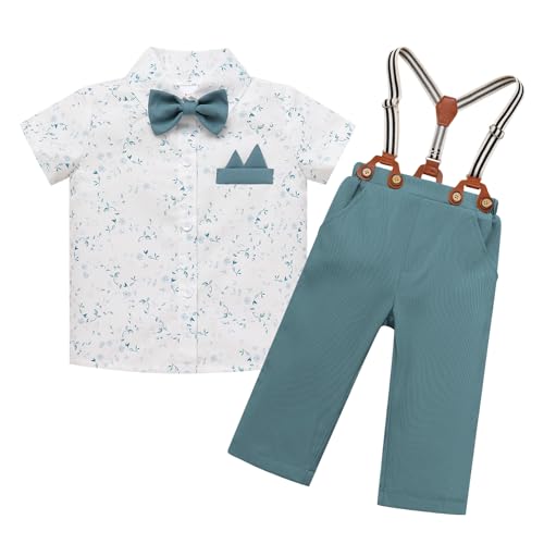IBTOM CASTLE Toddler Baby Boy Dress Suit Formal Short Sleeve Floral Shirt with Bowtie Suspender Pant Summer Wedding Guest Ring Bearer Graduation Outfit Christmas Photoshoot Blue 9-12 Months