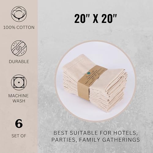 Image of FINGERCRAFT Hemstitched Cotton Table Napkins - Set of 6, 20x20 Inch, 100% Cotton Cloth Napkins with Faggoting Stitching - Durable & Elegant for Parties, Everyday Use (Ivory Twill)