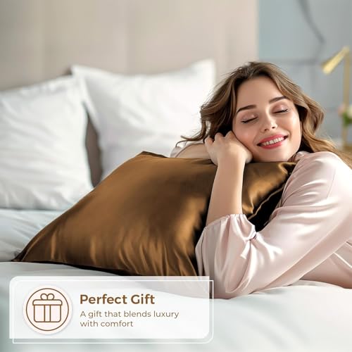 Image of Satin Pillow Covers Set of 2 with 3 Free Random Color Hair Scrunchies - Anti-Frizz, Skin-Friendly, Soft & Durable Pillowcase Set for All Hair Types (Chocolate)