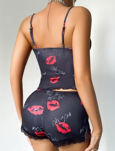 Image of Avidlove Women's Soft Ribbed Knit Cami Pajama Set Sexy V Neck Lace Trim Sleepwear Side Slit Shorts Lingerie Nightwear