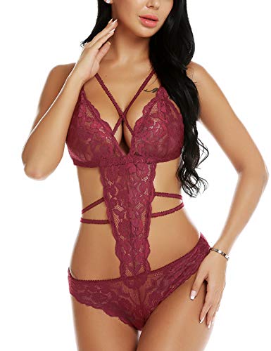ADOME Lingerie for Wome Laungera Women Sexy Lace Teddy Bodysuits Strap Baydoll (Dark Red,XL)