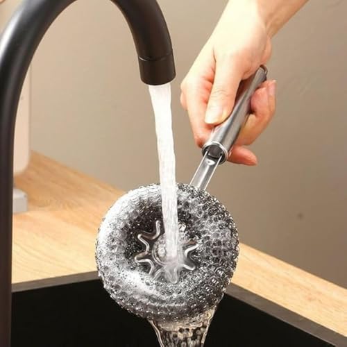 Image of OXSAM Dish Scrubber Brush, ‎Stainless Steel Scrubber with Long Wool Handle for Dishes Cookware Cleaning, Steel Sponge Ball Brush for Home and Office Tiles
