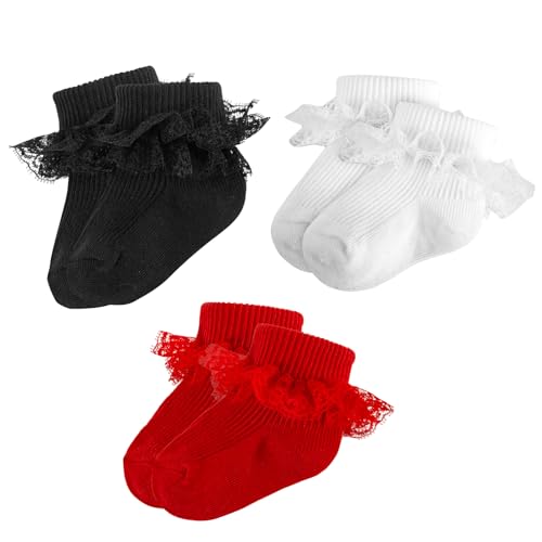 MKYSZLT Baby Girl Ruffle Socks Eyelet Double Lace Turn Cuff Ankle Frilly Dress Socks for Newborn/Infant/Toddler/Little Kids